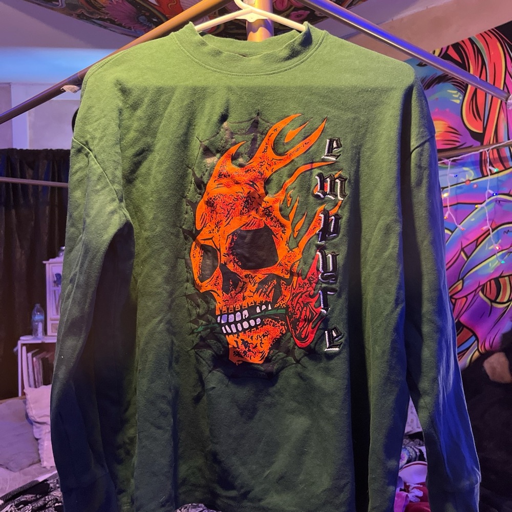 Empyre Long Sleeve Green and Orange Skull Graphic Tee